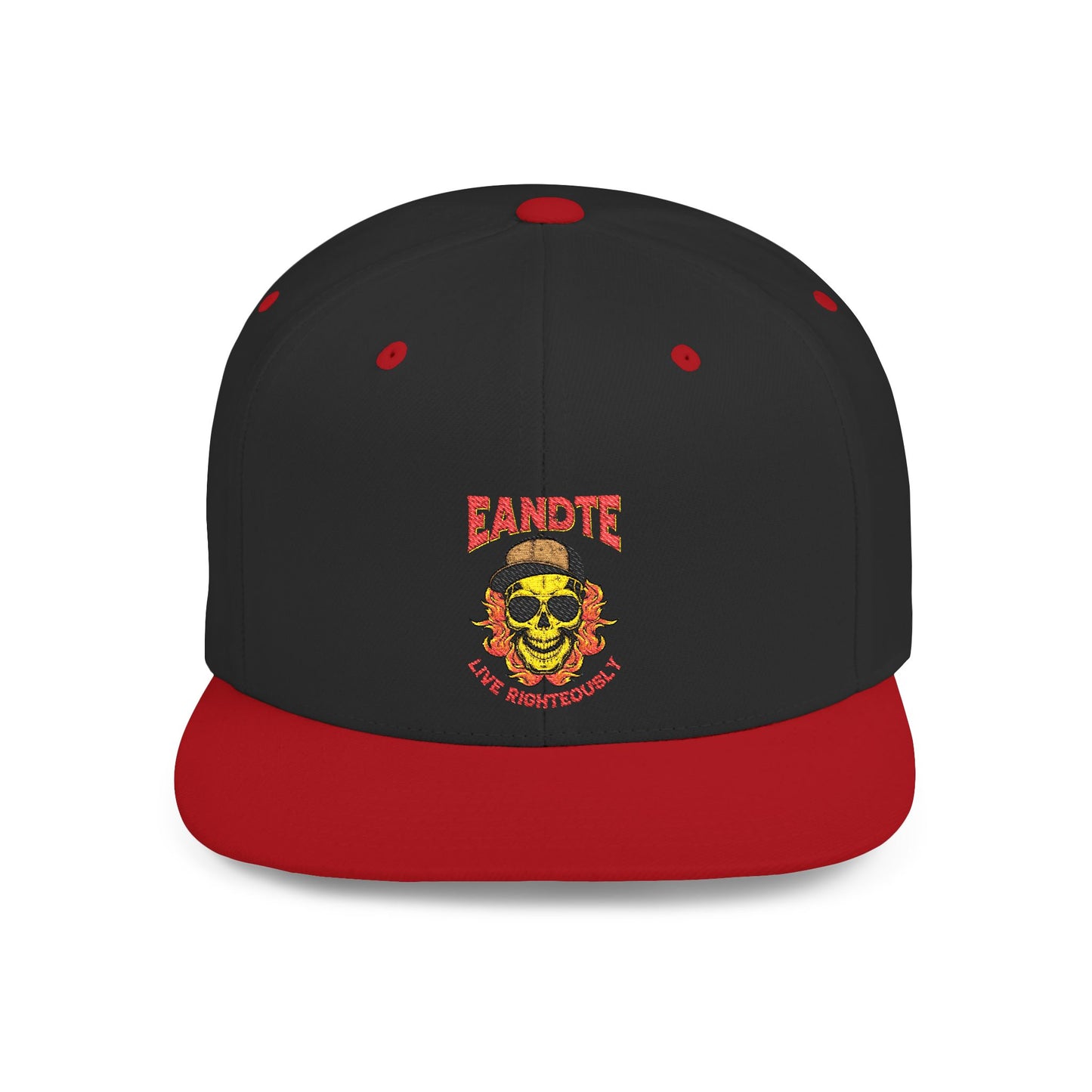 Skull Flame Flat Bill Snapback Hat — "Eadite Live Everywhere" Retro Streetwear