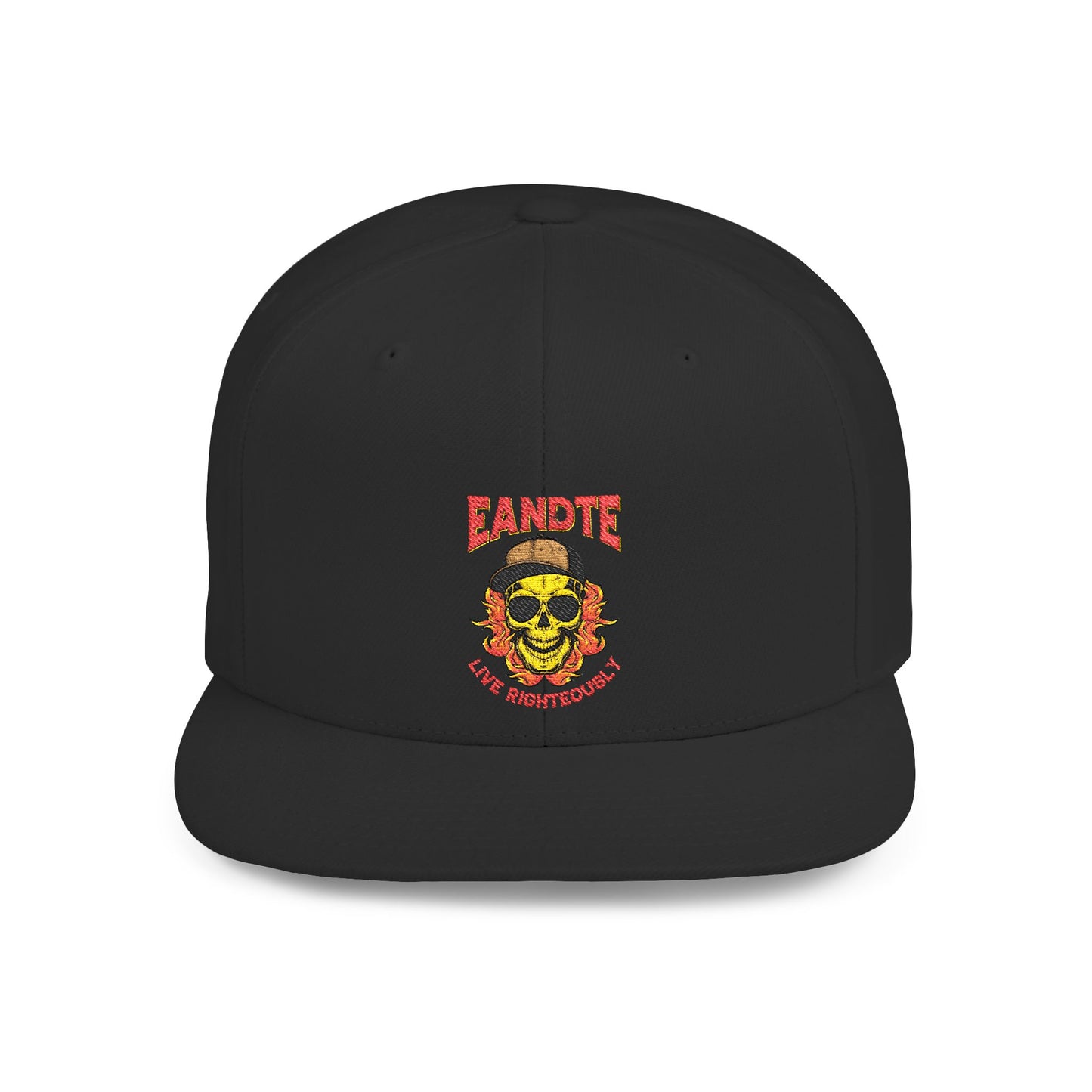 Skull Flame Flat Bill Snapback Hat — "Eadite Live Everywhere" Retro Streetwear