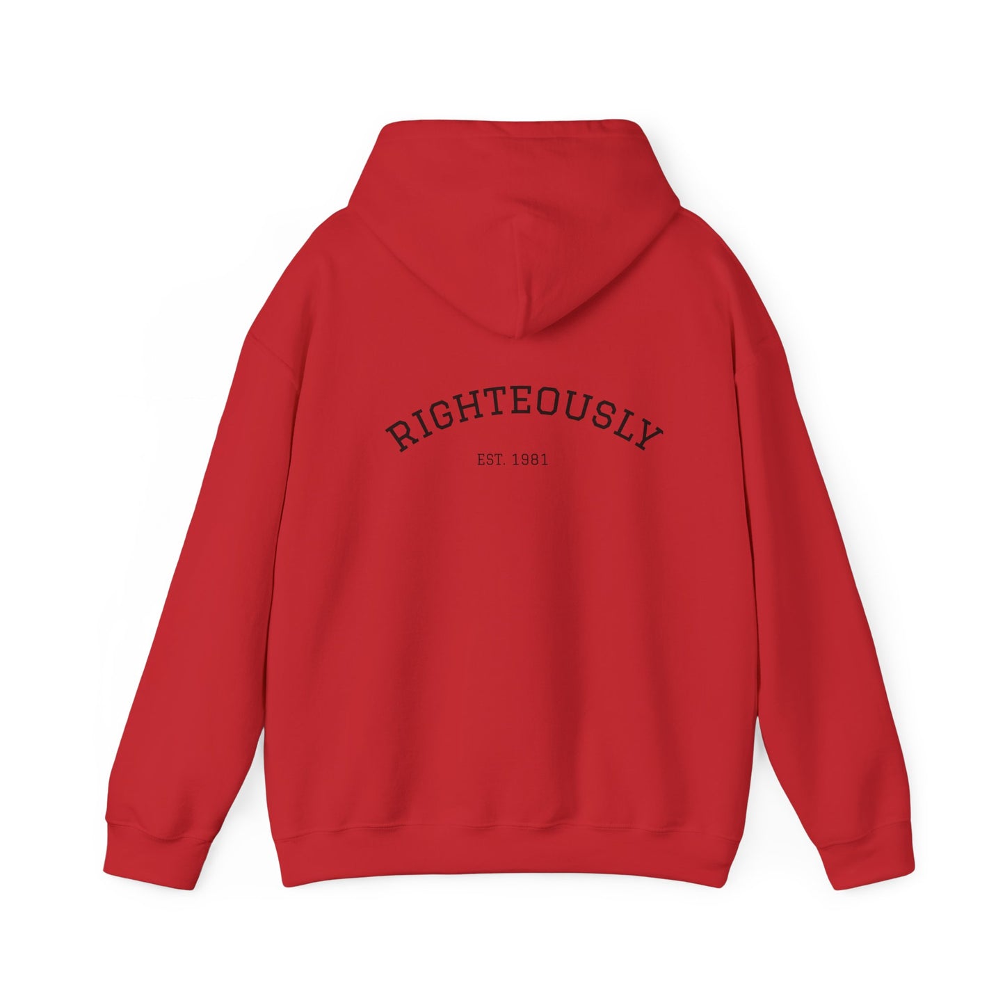 Righteously Logo Hoodie — Minimal Eandte Chest Design, Back 'RIGHTEOUSLY' Arch