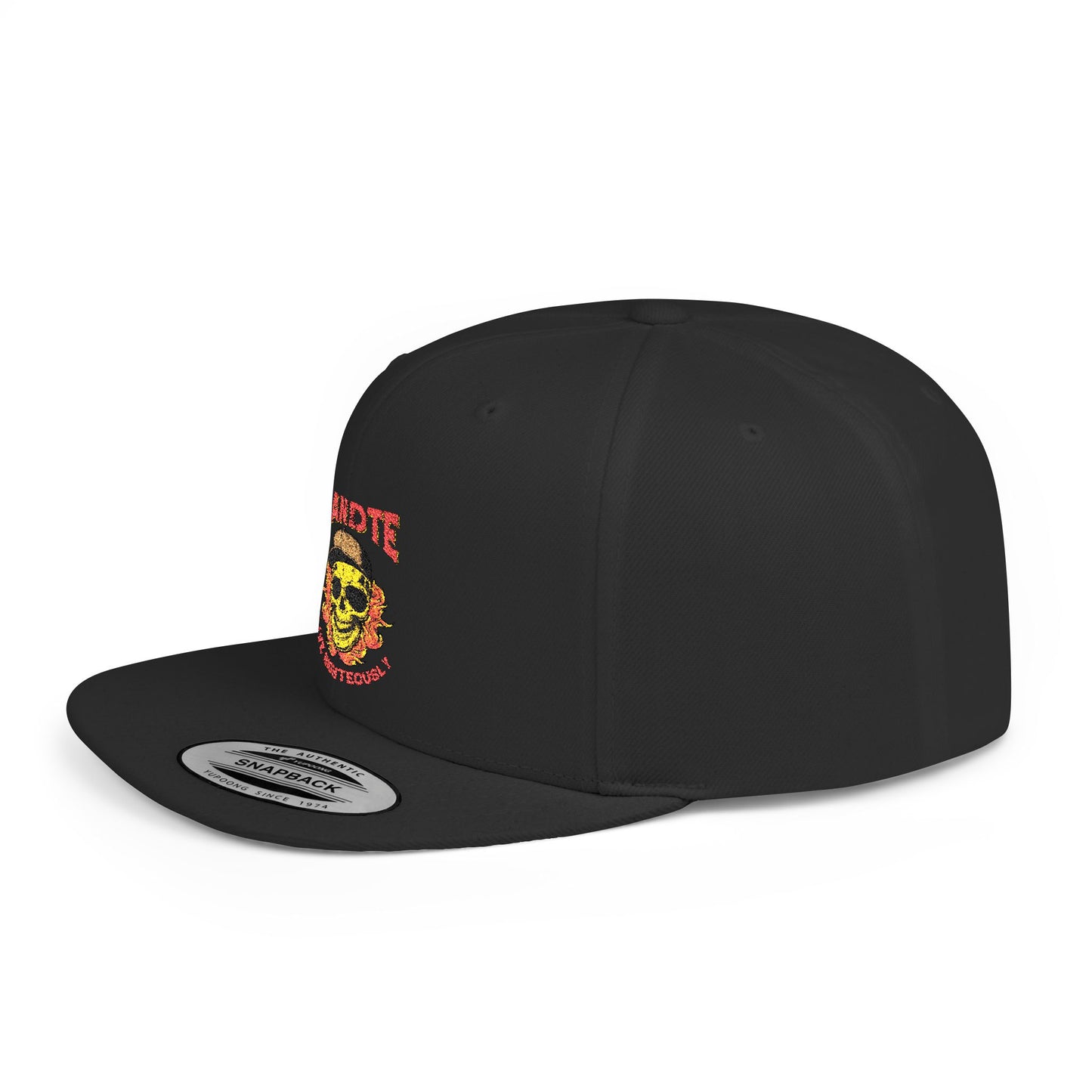 Skull Flame Flat Bill Snapback Hat — "Eadite Live Everywhere" Retro Streetwear