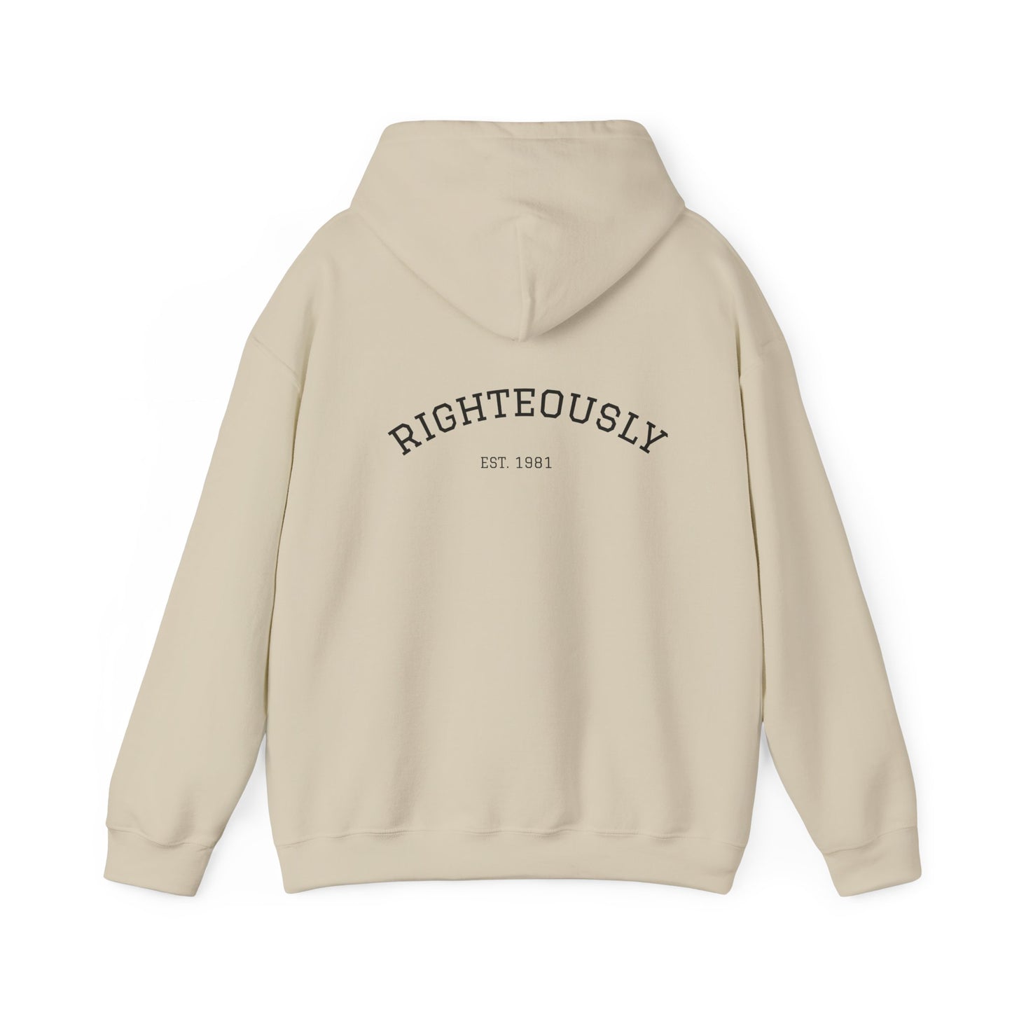 Righteously Logo Hoodie — Minimal Eandte Chest Design, Back 'RIGHTEOUSLY' Arch