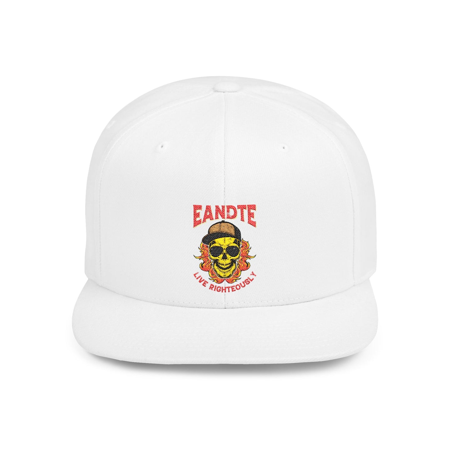 Skull Flame Flat Bill Snapback Hat — "Eadite Live Everywhere" Retro Streetwear