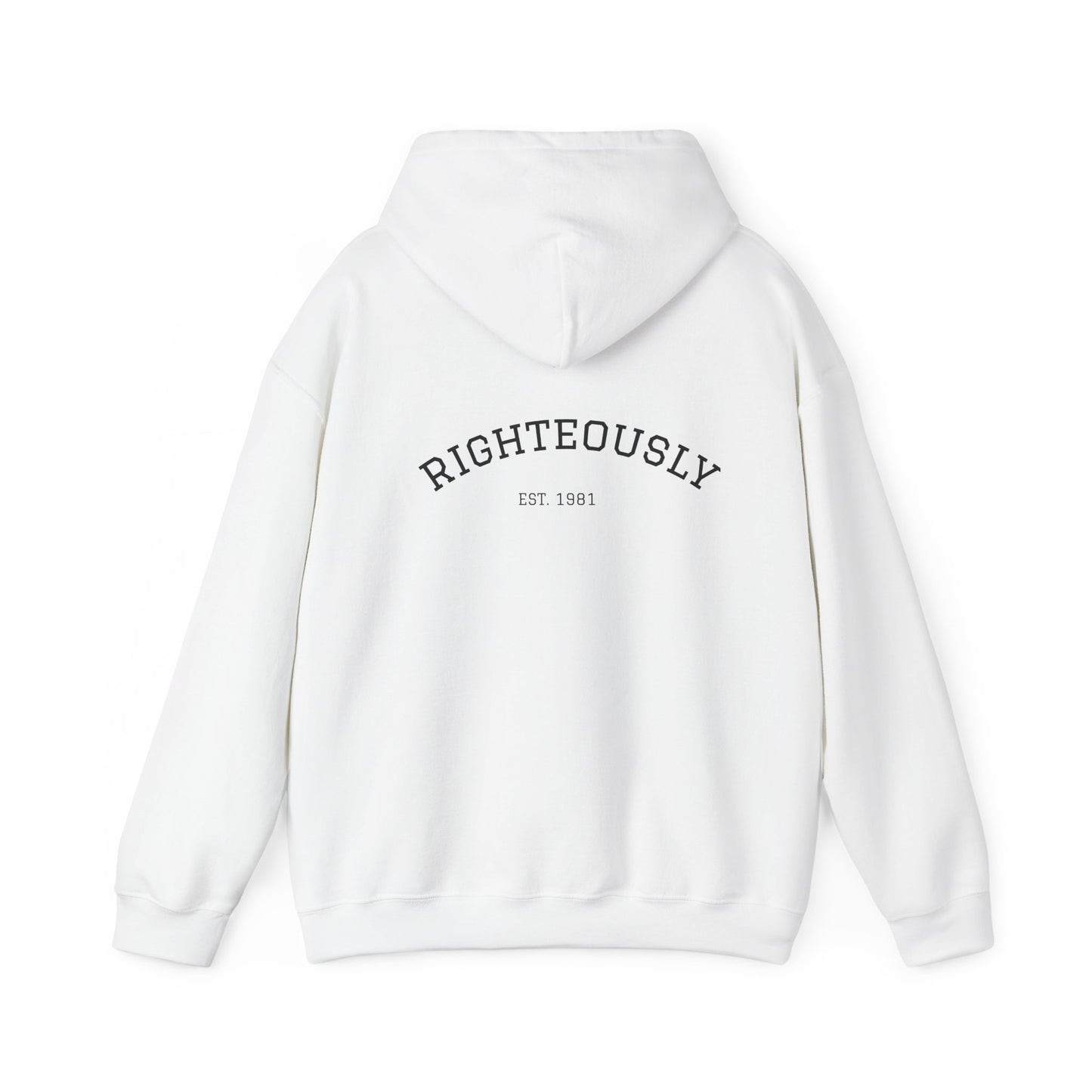 Righteously Logo Hoodie — Minimal Eandte Chest Design, Back 'RIGHTEOUSLY' Arch