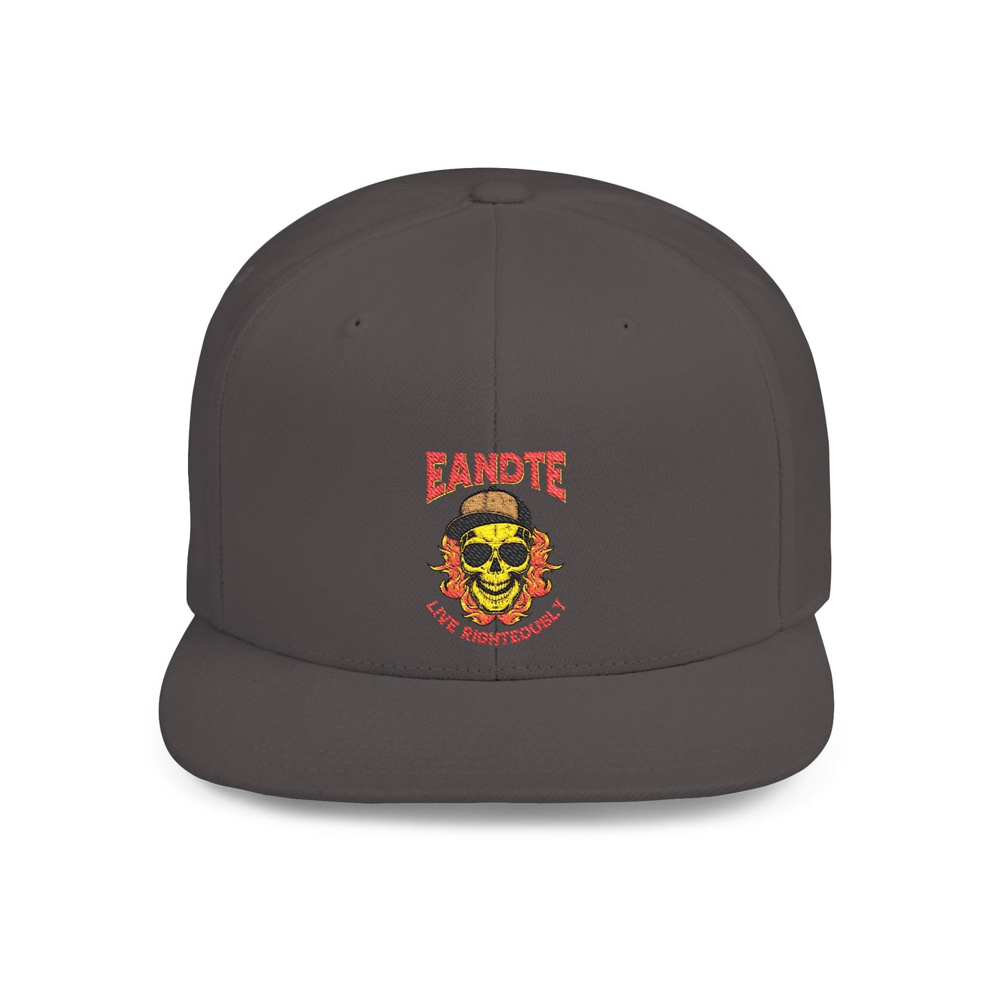 Skull Flame Flat Bill Snapback Hat — "Eadite Live Everywhere" Retro Streetwear