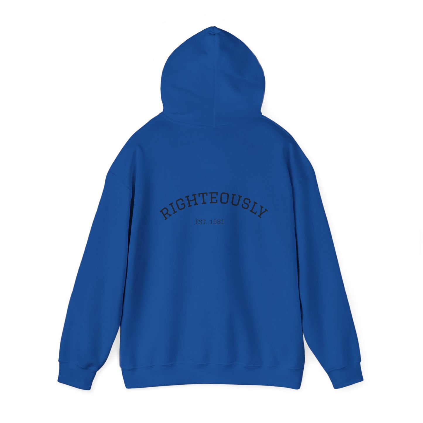 Righteously Logo Hoodie — Minimal Eandte Chest Design, Back 'RIGHTEOUSLY' Arch