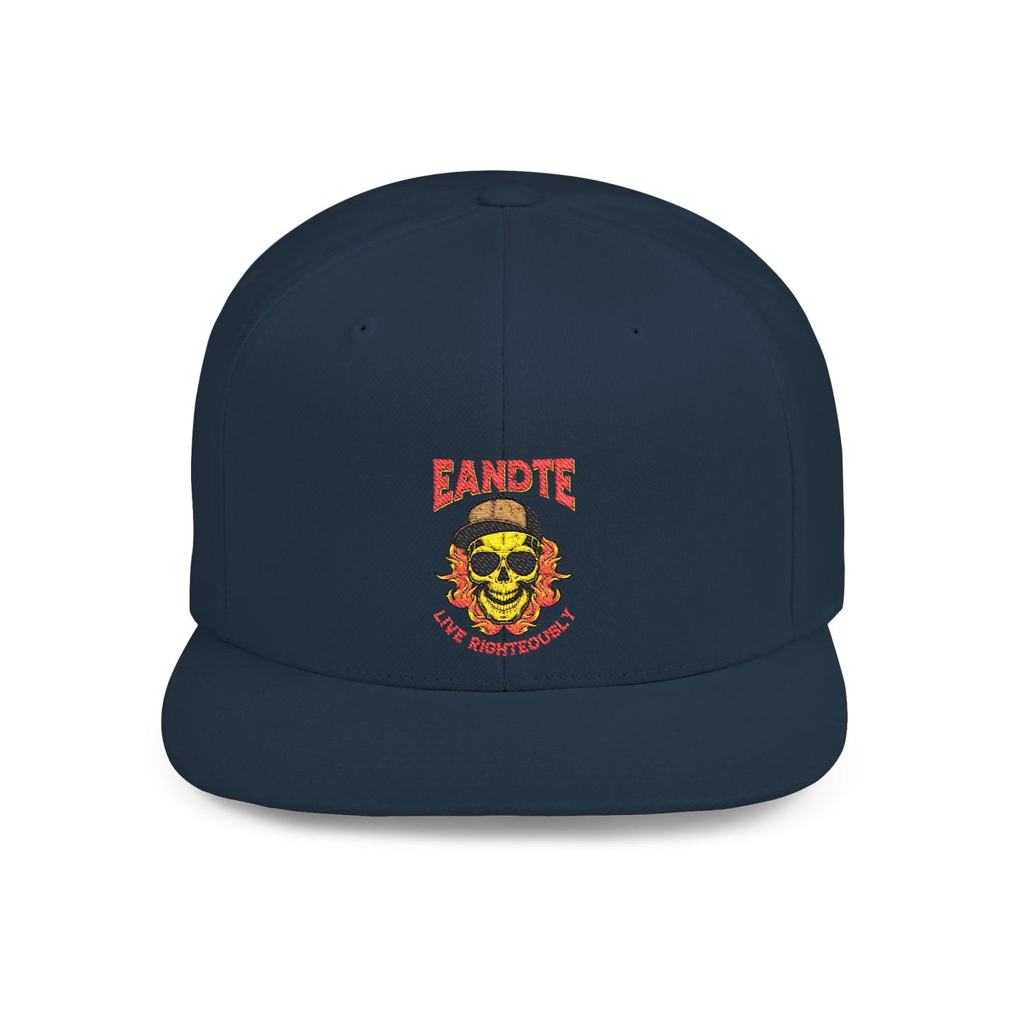 Skull Flame Flat Bill Snapback Hat — "Eadite Live Everywhere" Retro Streetwear