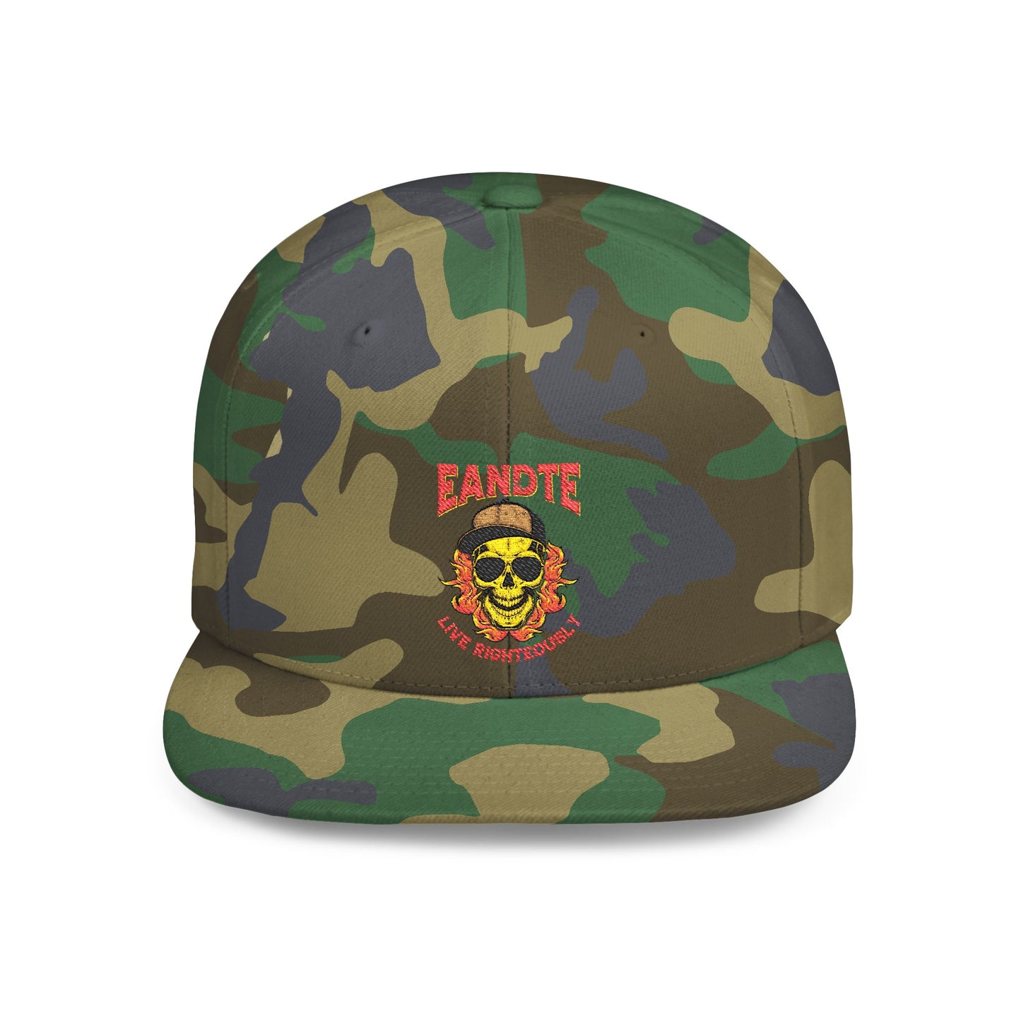 Skull Flame Flat Bill Snapback Hat — "Eadite Live Everywhere" Retro Streetwear