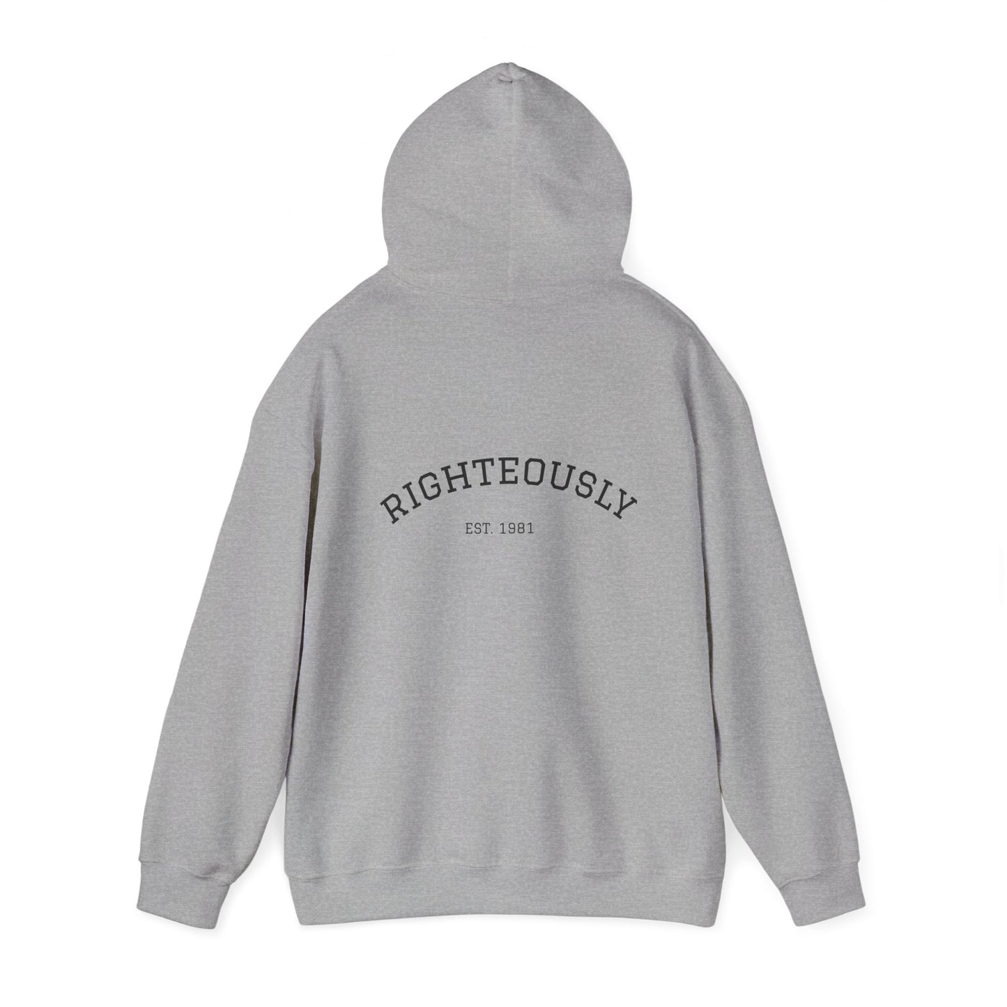 Righteously Logo Hoodie — Minimal Eandte Chest Design, Back 'RIGHTEOUSLY' Arch