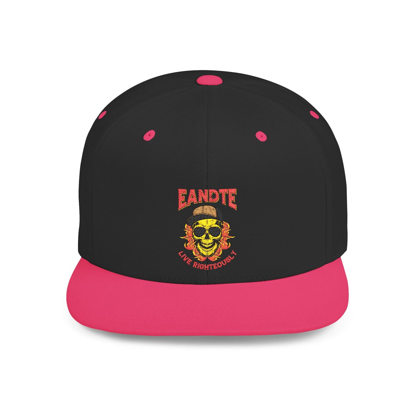 Skull Flame Flat Bill Snapback Hat — "Eadite Live Everywhere" Retro Streetwear