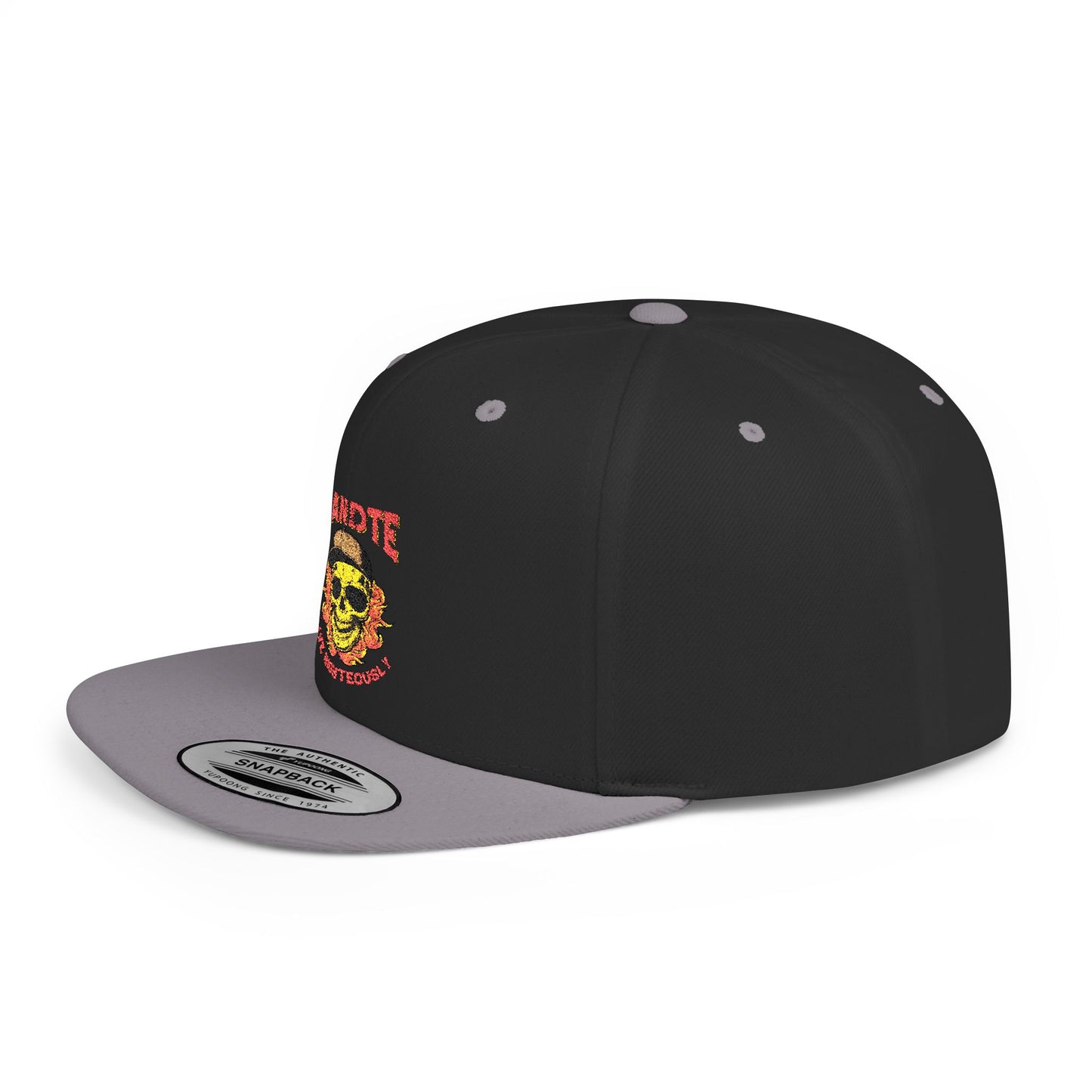 Skull Flame Flat Bill Snapback Hat — "Eadite Live Everywhere" Retro Streetwear