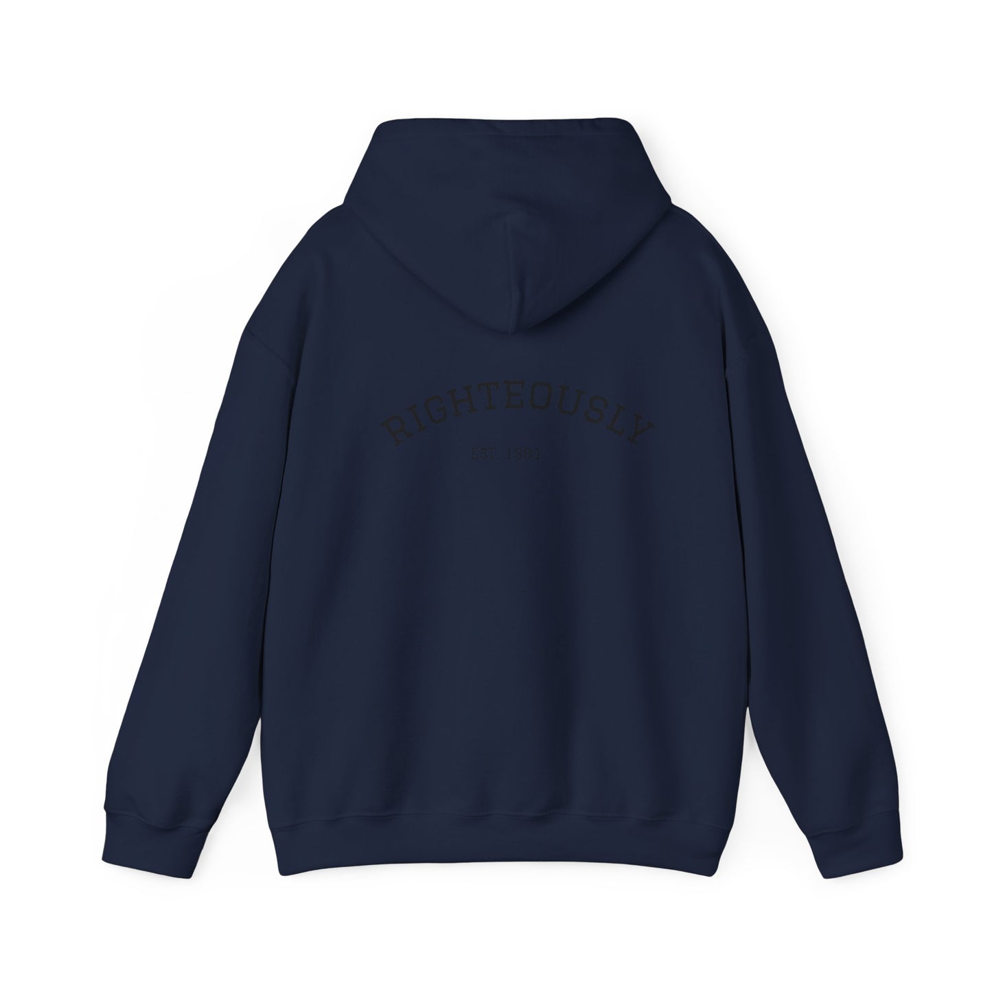 Righteously Logo Hoodie — Minimal Eandte Chest Design, Back 'RIGHTEOUSLY' Arch