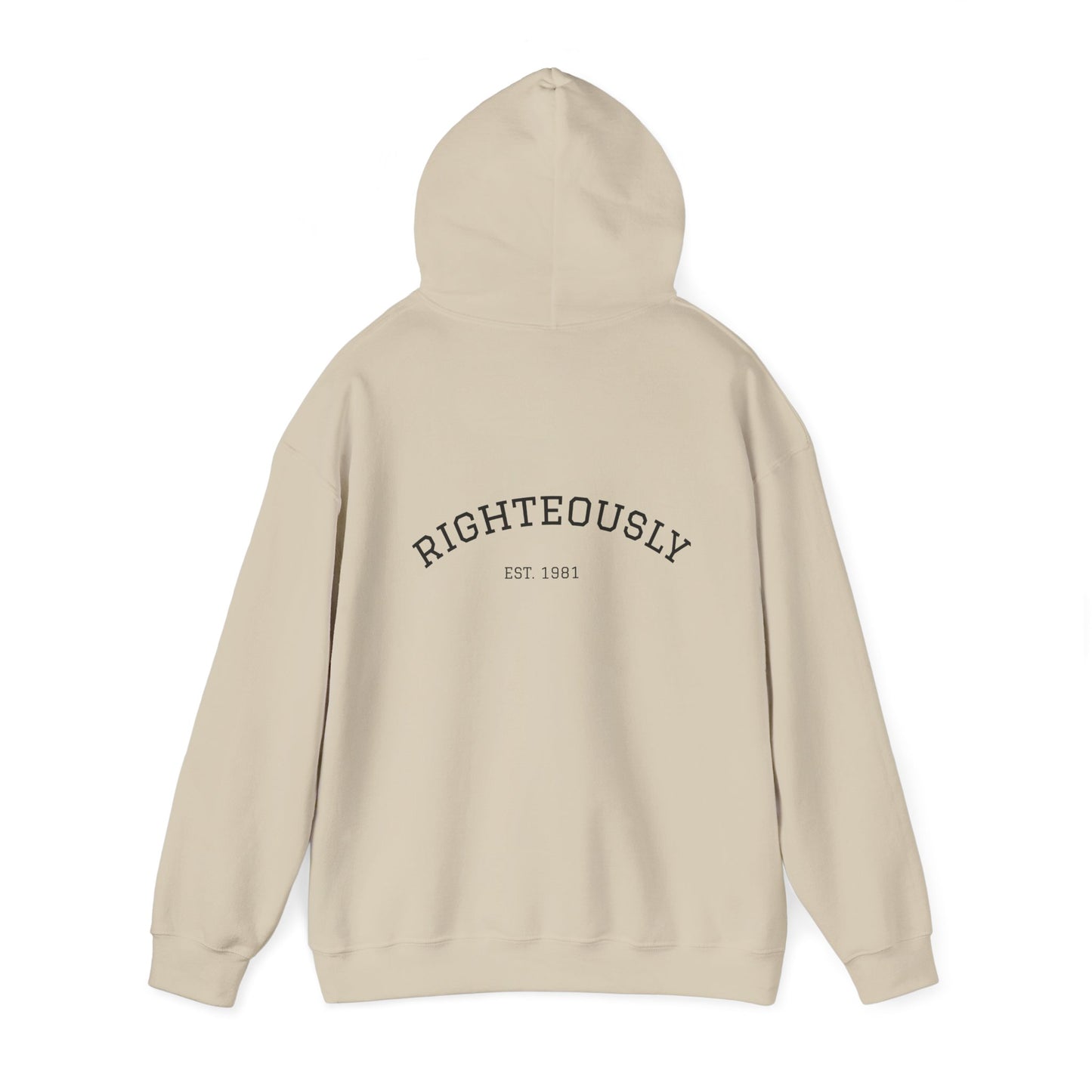 Righteously Logo Hoodie — Minimal Eandte Chest Design, Back 'RIGHTEOUSLY' Arch