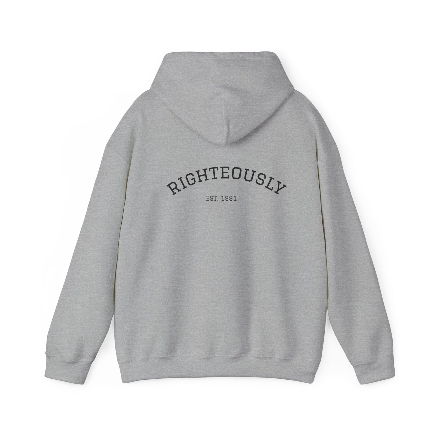 Righteously Logo Hoodie — Minimal Eandte Chest Design, Back 'RIGHTEOUSLY' Arch