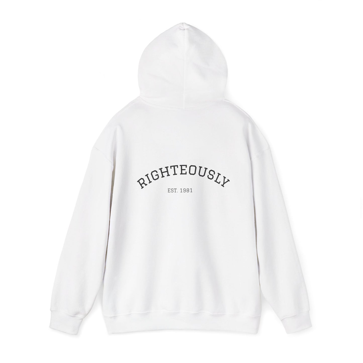 Righteously Logo Hoodie — Minimal Eandte Chest Design, Back 'RIGHTEOUSLY' Arch