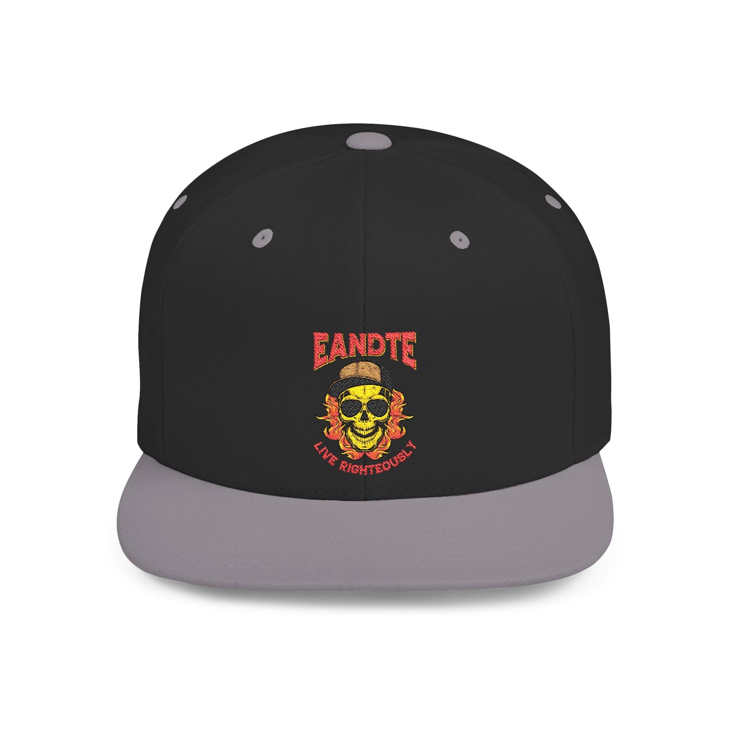 Skull Flame Flat Bill Snapback Hat — "Eadite Live Everywhere" Retro Streetwear