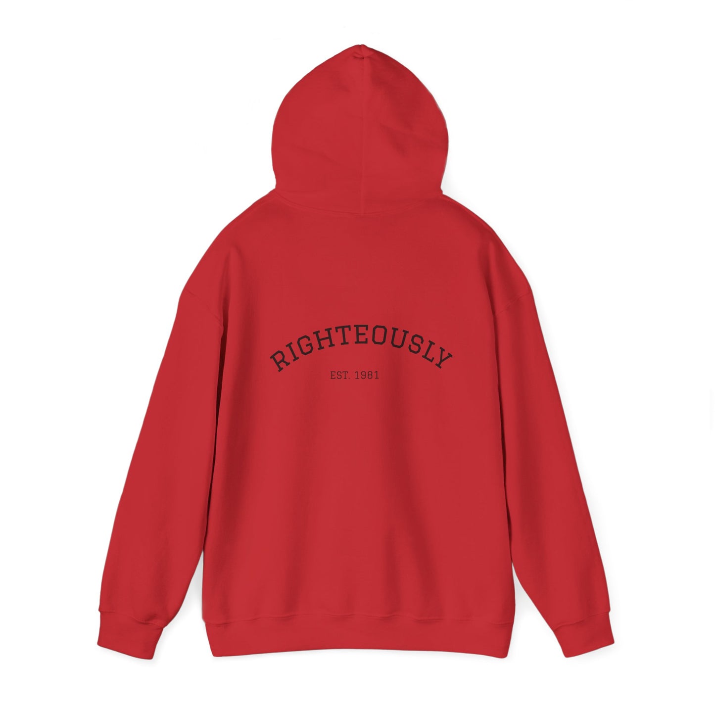 Righteously Logo Hoodie — Minimal Eandte Chest Design, Back 'RIGHTEOUSLY' Arch