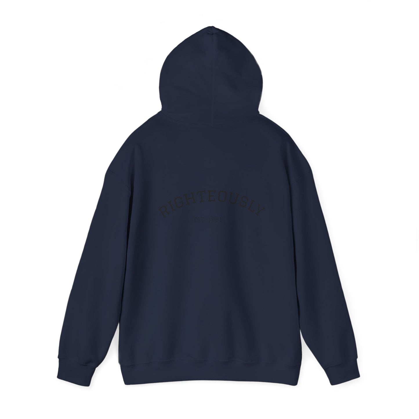 Righteously Logo Hoodie — Minimal Eandte Chest Design, Back 'RIGHTEOUSLY' Arch