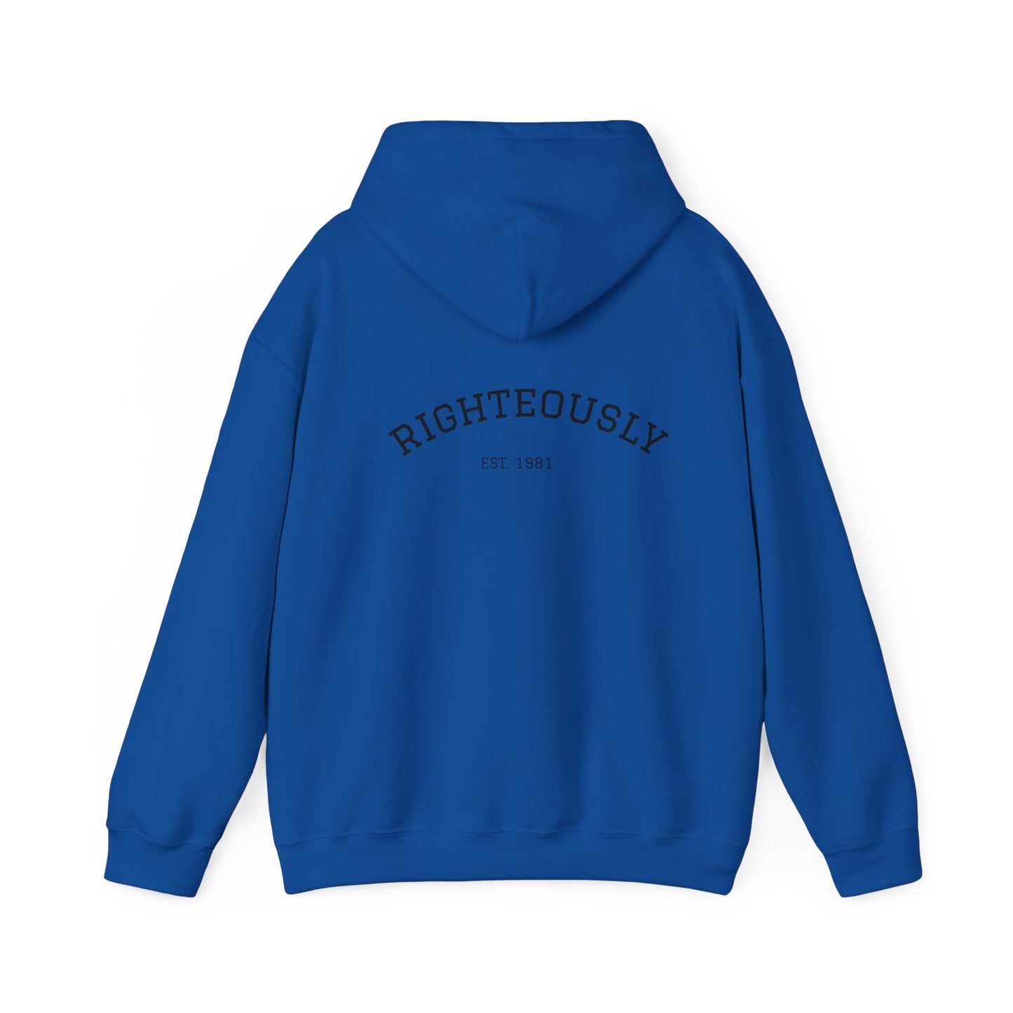 Righteously Logo Hoodie — Minimal Eandte Chest Design, Back 'RIGHTEOUSLY' Arch