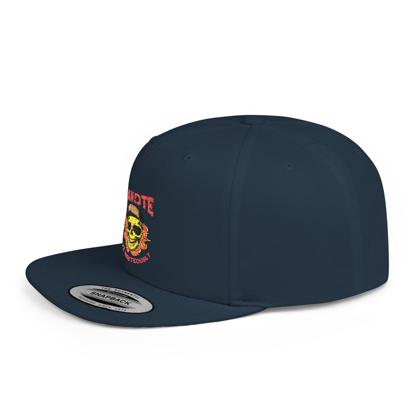 Skull Flame Flat Bill Snapback Hat — "Eadite Live Everywhere" Retro Streetwear
